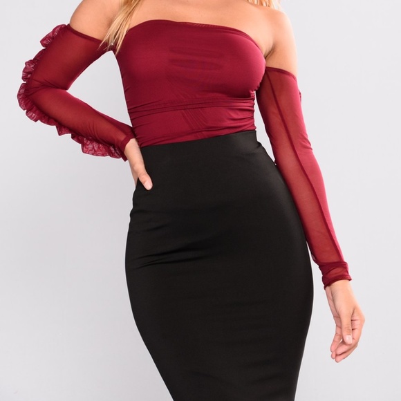 Out From Under Ruffle Mesh Bodysuit - Burgundy - Picture 2 of 5